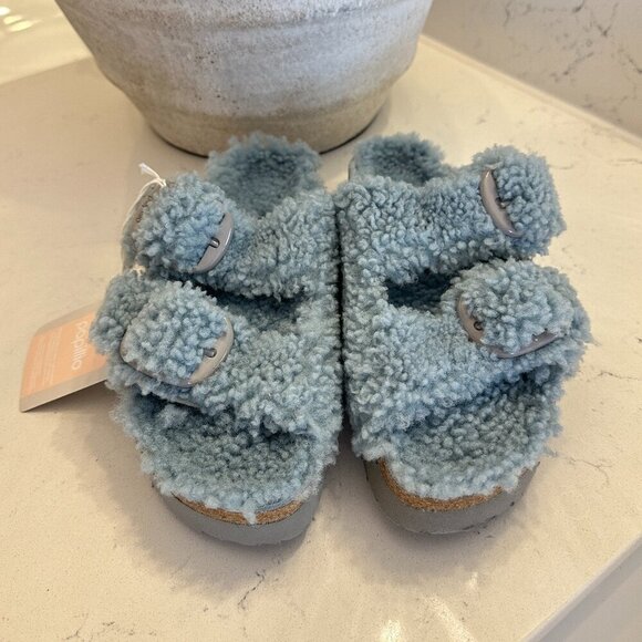 BIRKENSTOCK Arizona Big Buckle Genuine Shearling Slide Sandal in Faded Aqua - Picture 3 of 8